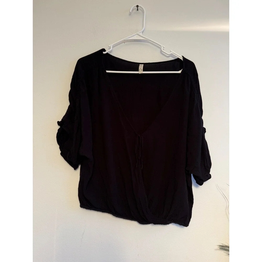 Free People Intimately Black Ruched Sleeve Surplice Tie Front Top XL OB428131